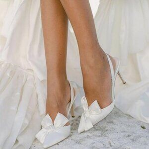 Pazzion White Pointy Toe Slingback Sandals Bows Elastic Strap Slip On Pumps